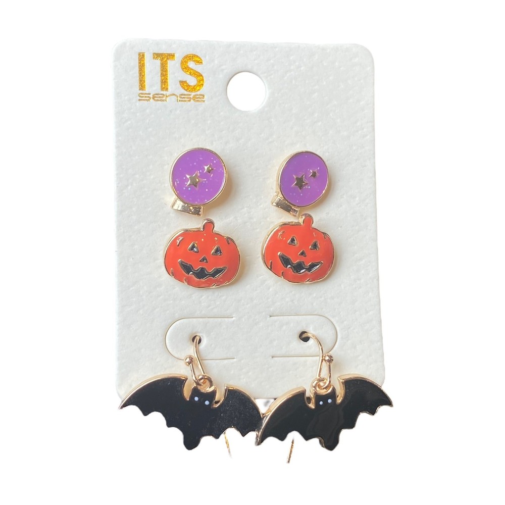 Its Sense Halloween Crystal Ball, Pumpkin, Bat Earrings Set of 3 New